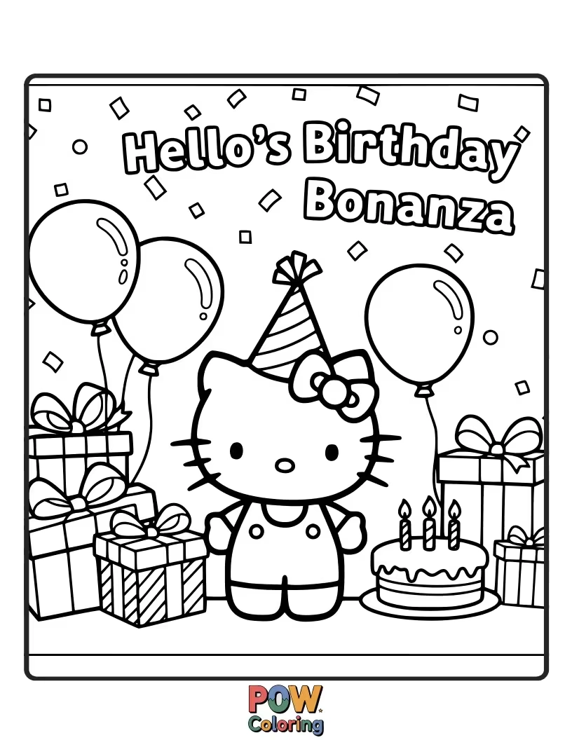 Free coloring page of Surrounded by balloons and confetti, Hello Kitty blows out her candles on a wonderfully decorated birthday cake.