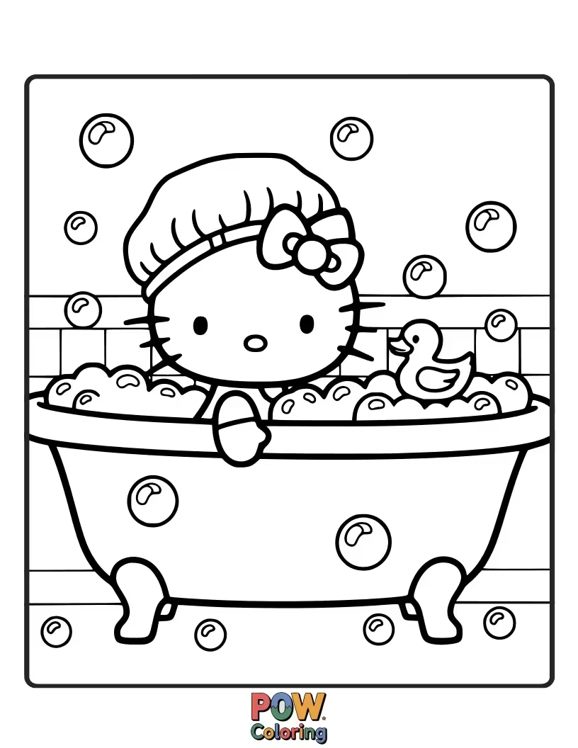 Free coloring page of Splish, splash! Hello Kitty giggles as she bathes surrounded by a mountain of colorful, floating bubbles.