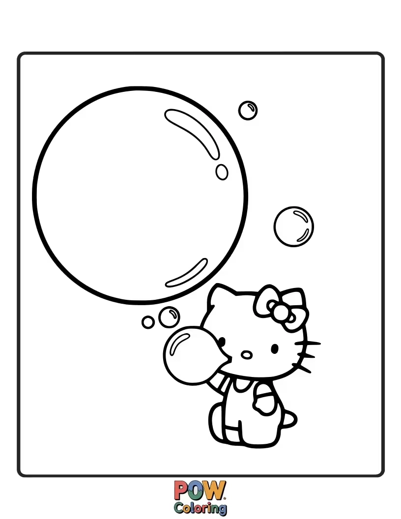 Free coloring page of Hello Kitty proudly blows a giant, shimmering bubblegum bubble, her face filled with concentration and delight.