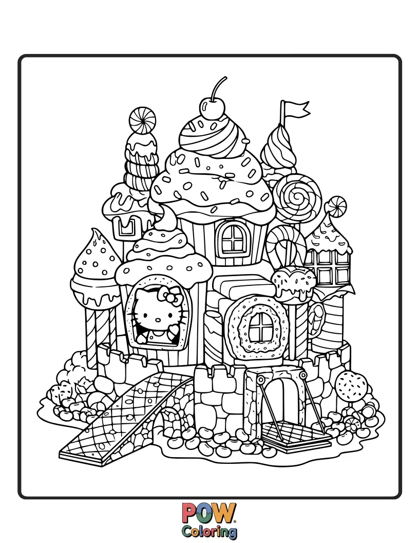 Free coloring page of Hello Kitty stands before a magnificent castle made entirely of sweets, her eyes wide with sugary wonder.