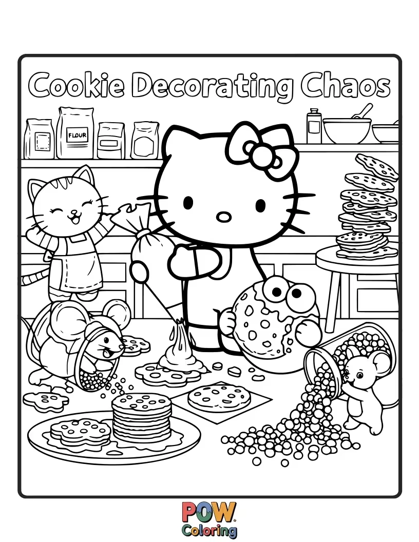 Free coloring page of A delightful mess! Hello Kitty is covered in frosting while creating colorful and imaginative cookie designs.