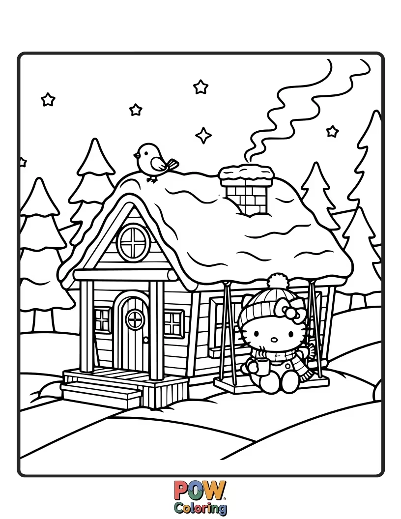 Free coloring page of Hello Kitty sips warm cocoa by a crackling fireplace in a charming, snow-dusted cabin, feeling perfectly content.