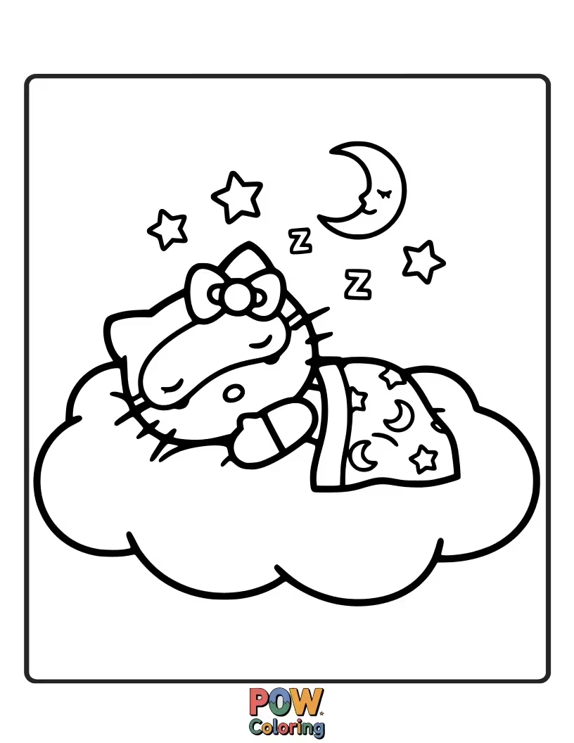 Free coloring page of Hello Kitty snoozes peacefully on a plump, cotton-candy cloud, drifting in a serene and dreamlike state.