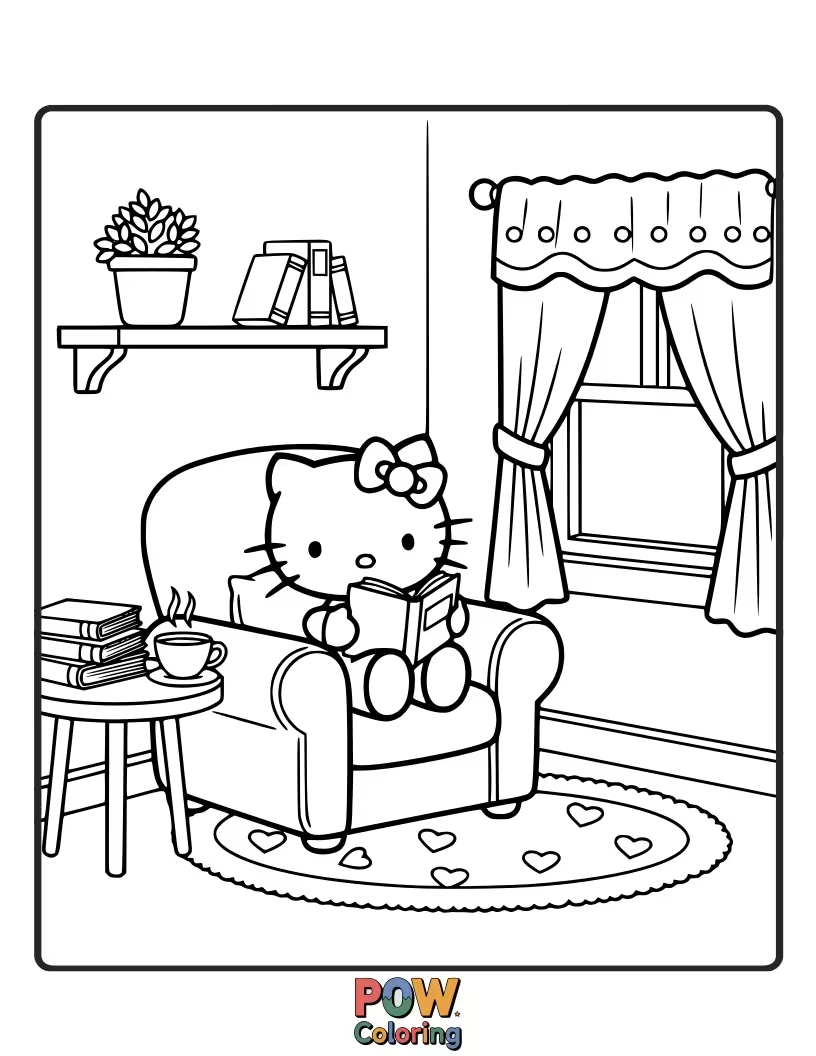 Free coloring page of Snuggled in an armchair with a stack of books, Hello Kitty gets lost in magical stories and adventures.
