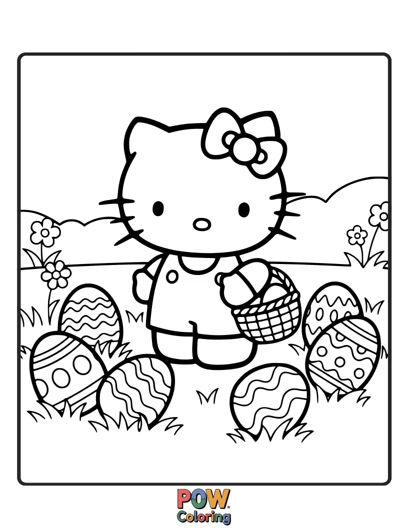 Free coloring page of Hello Kitty excitedly discovers colorful Easter eggs hidden amongst blooming spring flowers and playful bunnies.