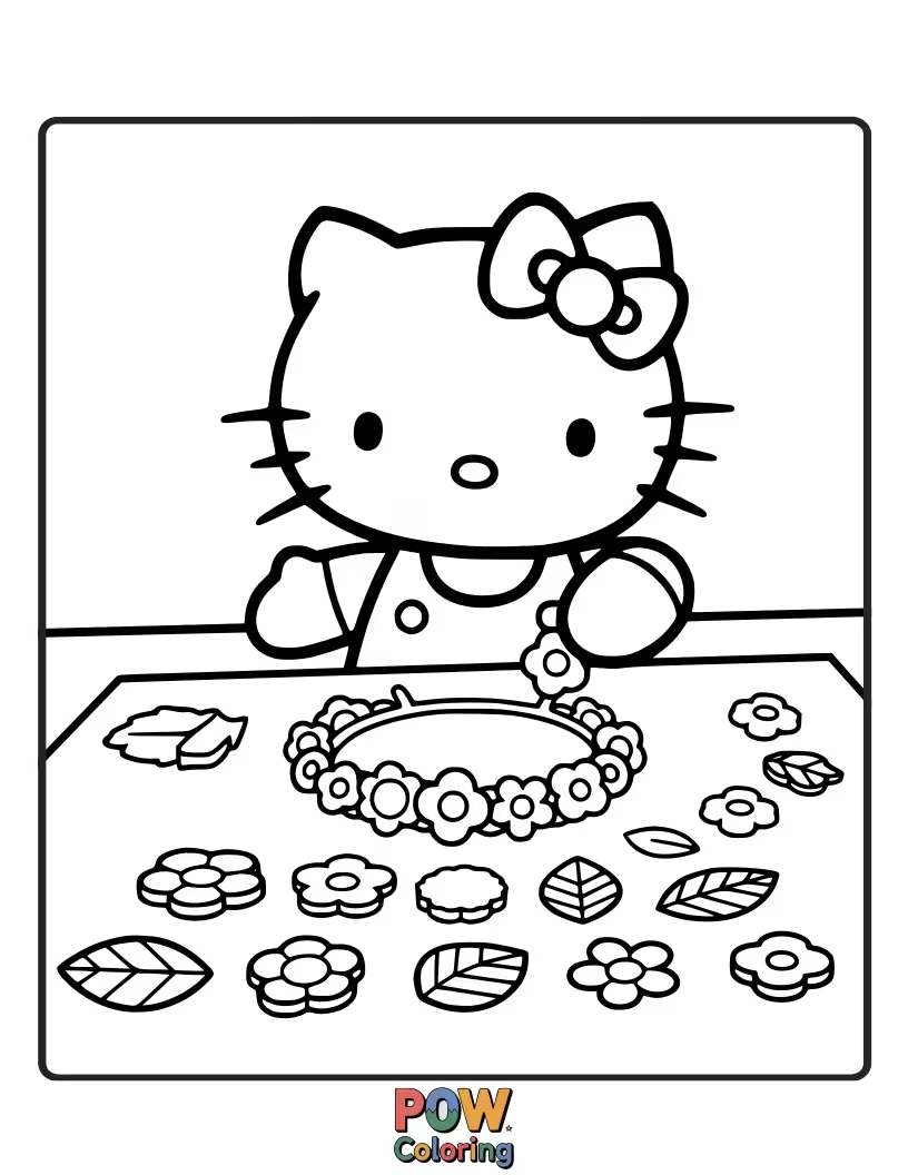 Free coloring page of Adorning her ears with a delicate flower crown, Hello Kitty smiles amongst a meadow of blooming, colorful wildflowers.
