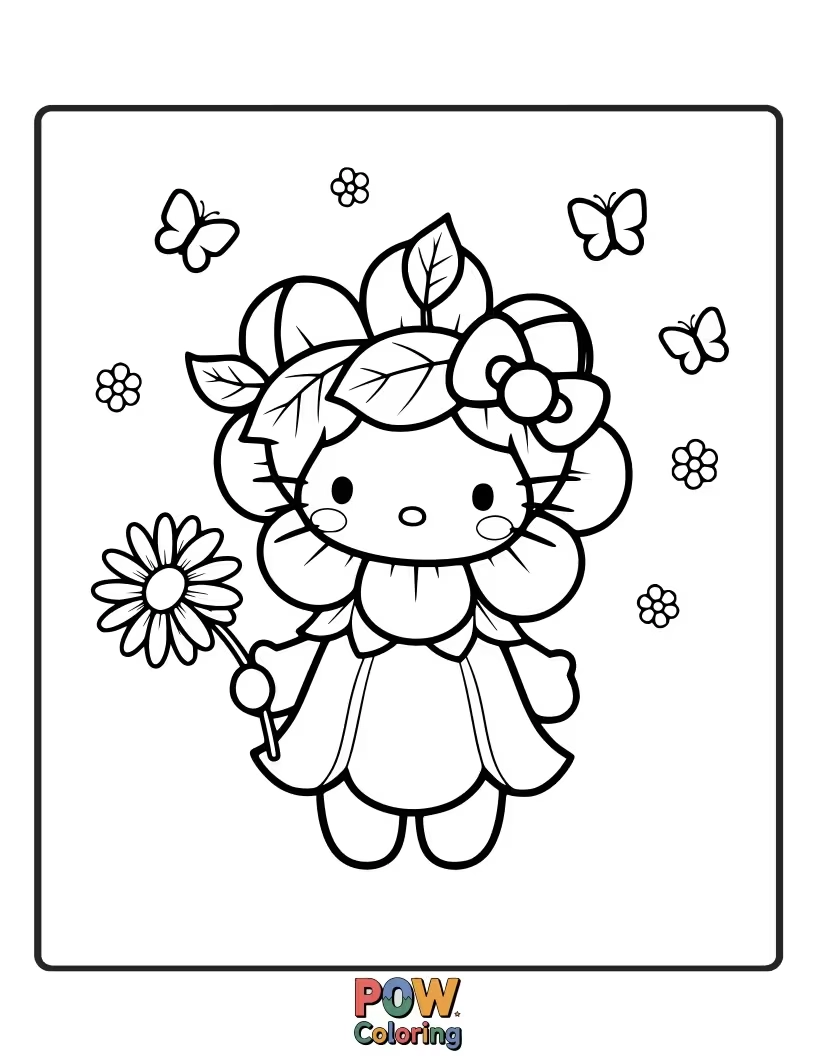 Free coloring page of Hello Kitty dances playfully with a tiny, shimmering flower fairy in a magical garden filled with blooming wonders.