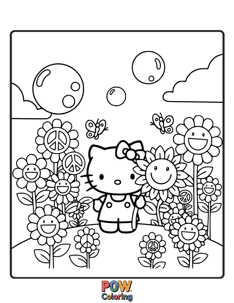 Free coloring page of Hello Kitty proudly holds a vibrant bouquet, spreading joy and beauty with every colorful petal.