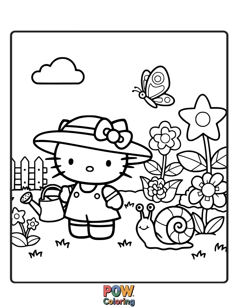 Free coloring page of Hello Kitty plants tiny seeds in her blooming garden, with cheerful ladybugs and fluttering butterflies watching her.