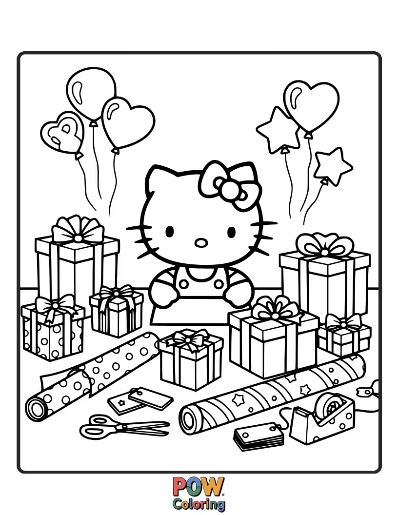 Free coloring page of Surrounded by ribbons and bows, Hello Kitty meticulously wraps a special present with love and cheerful dedication.