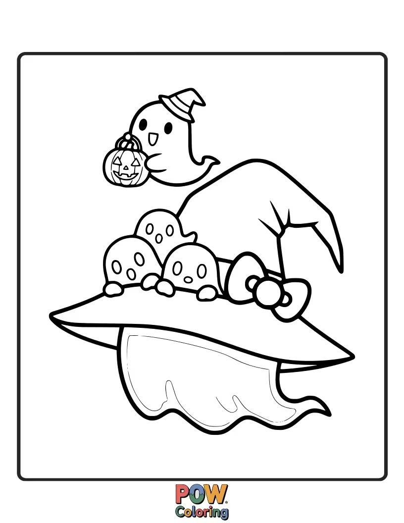 Free coloring page of Hello Kitty wears a witch hat that's so big, it keeps falling over her eyes, making her look confused.