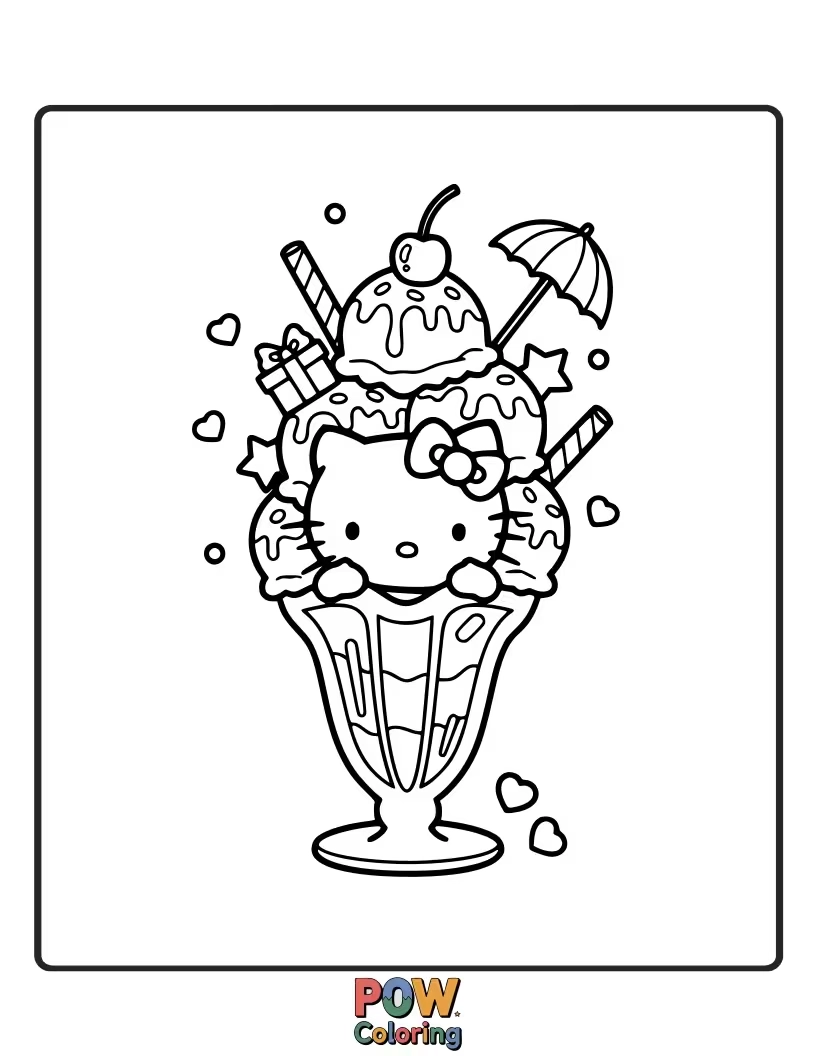 Free coloring page of Hello Kitty is presented with an enormous, multi-scoop ice cream sundae, piled high with toppings and whipped cream.