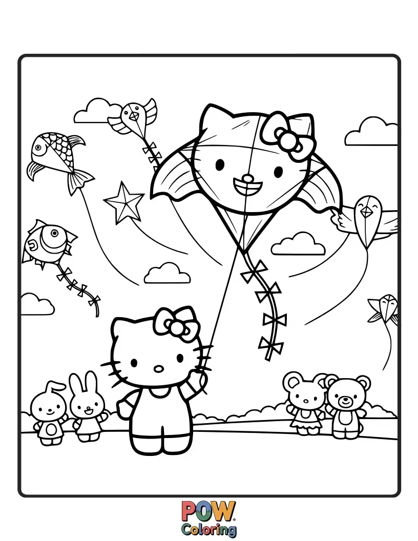 Free coloring page of Hello Kitty marvels at a sky filled with countless colorful kites, each dancing with its own unique flair.