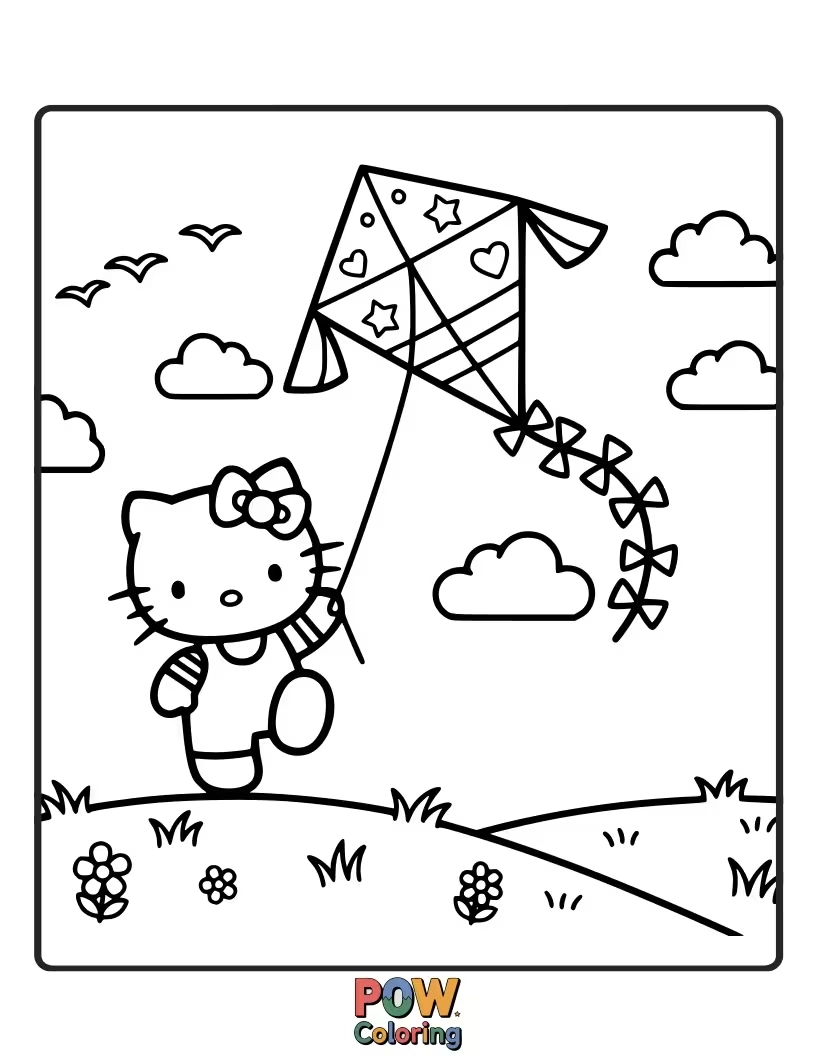 Free coloring page of Hello Kitty’s colorful kite dances joyfully in the sky, pulled by a gentle, playful breeze.