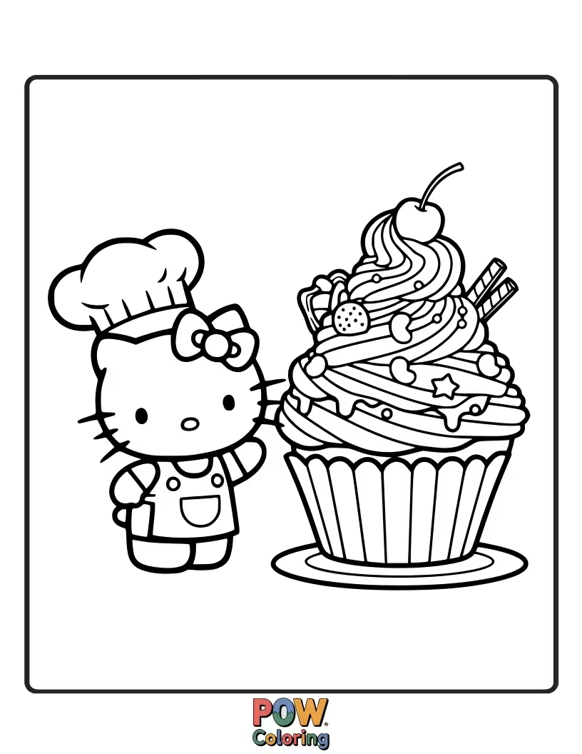 Free coloring page of Wearing a tiny chef hat, Hello Kitty proudly presents her adorable, perfectly shaped cookies and pastries.