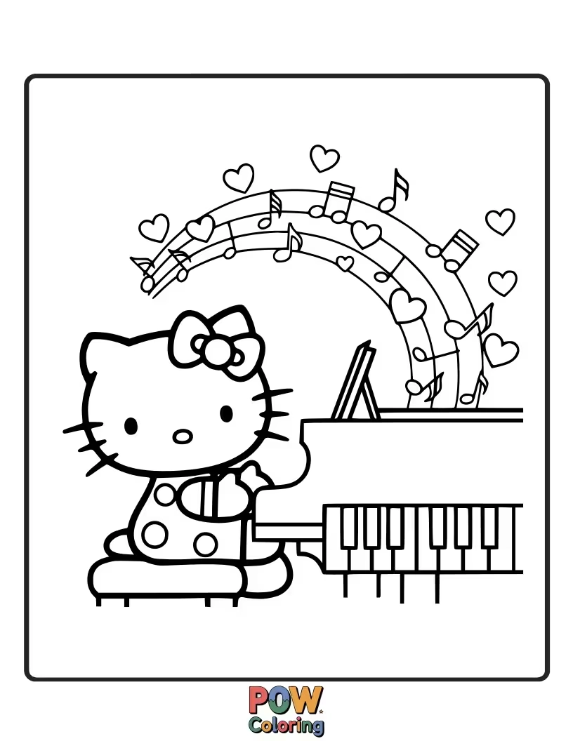 Free coloring page of With a cheerful grin, Hello Kitty plays her ukulele, filling the air with sweet, happy tunes for everyone.