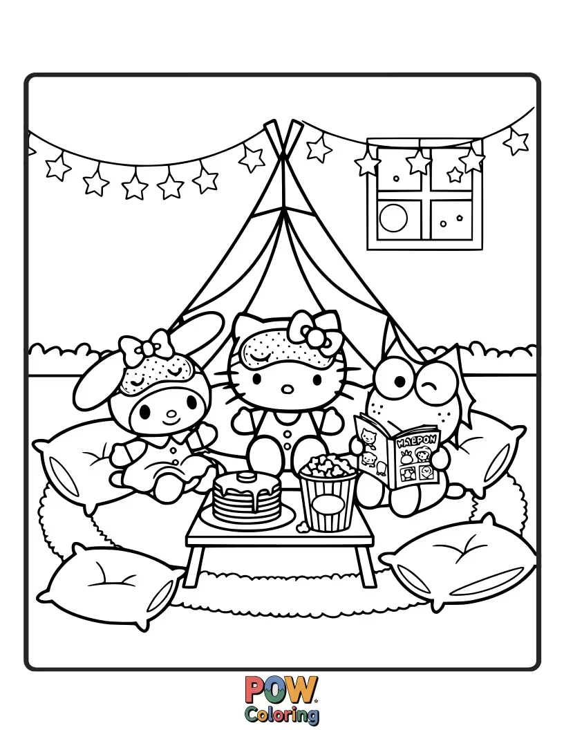 Free coloring page of Curled up with her favorite teddy bear, Hello Kitty enjoys a cozy night filled with sweet dreams and fluffy blankets.