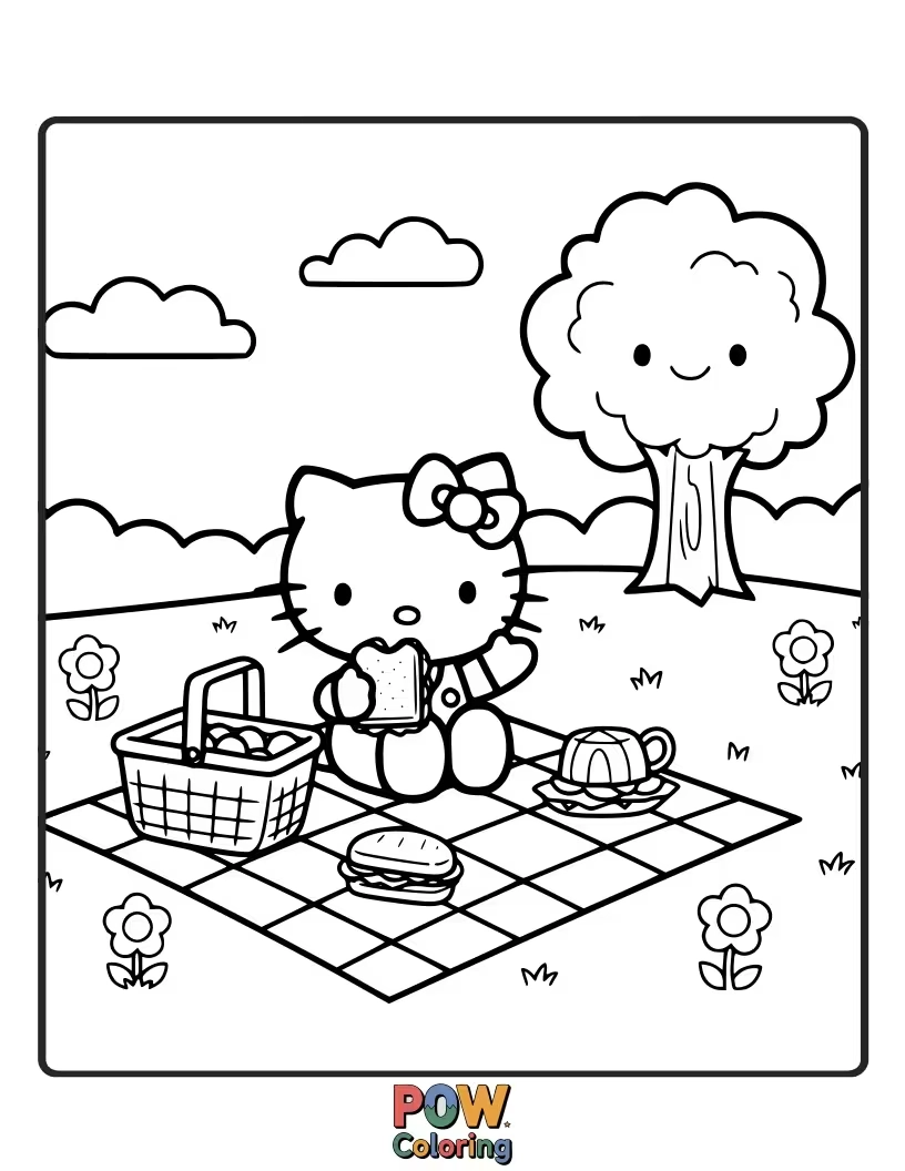 Free coloring page of Hello Kitty spreads a checkered blanket and unpacks a basket filled with yummy treats for a delightful outdoor picnic.