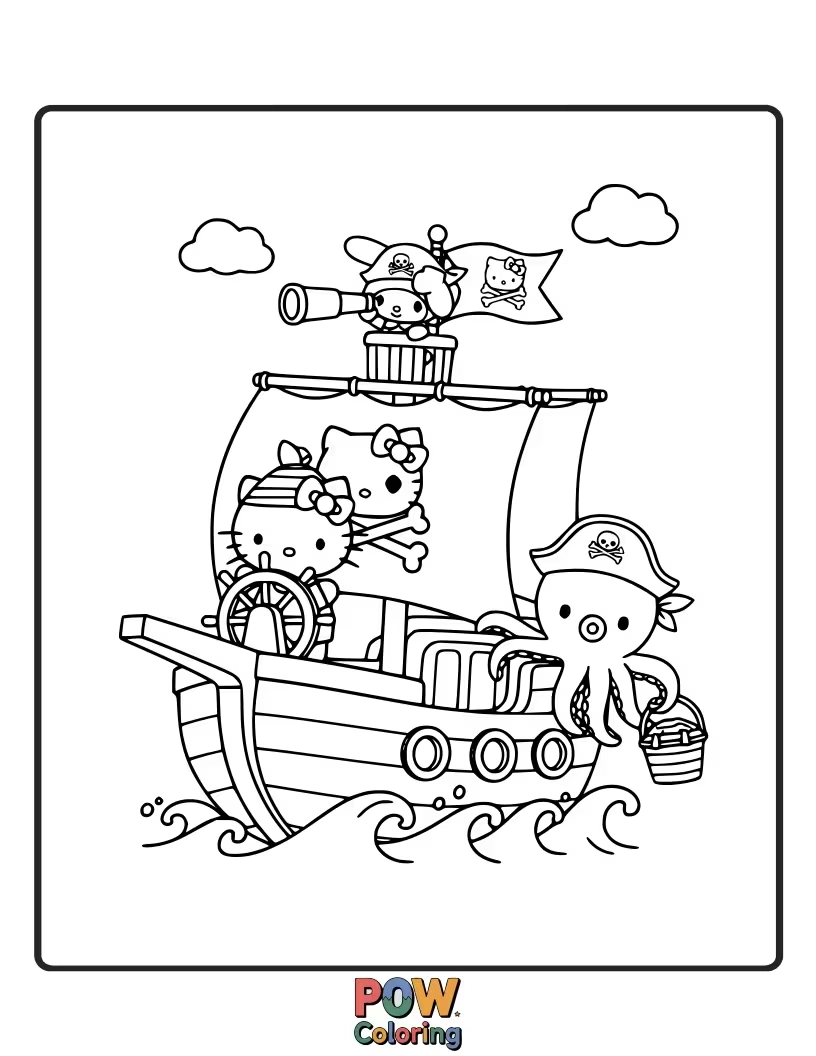 Free coloring page of Hello Kitty commands her miniature pirate ship, embarking on imaginary voyages across a sea of blue crayon waves.