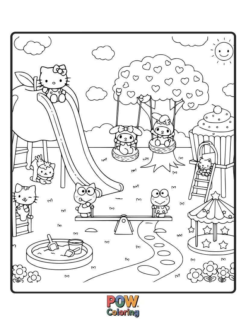 Free coloring page of Swinging high and sliding fast, Hello Kitty enjoys a fun-filled day at the vibrant, happy playground.
