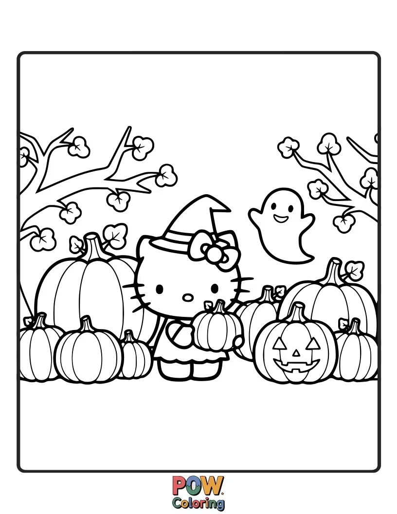 Free coloring page of Hello Kitty picks out the perfect, round pumpkin in a vibrant patch, ready for Halloween fun.