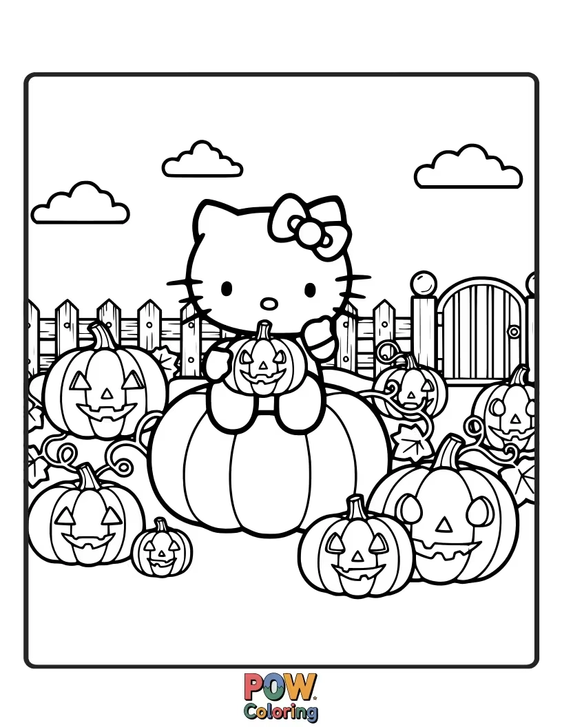 Free coloring page of Hello Kitty is sitting inside a giant pumpkin, looking thoughtfully at a smaller, carved pumpkin face.