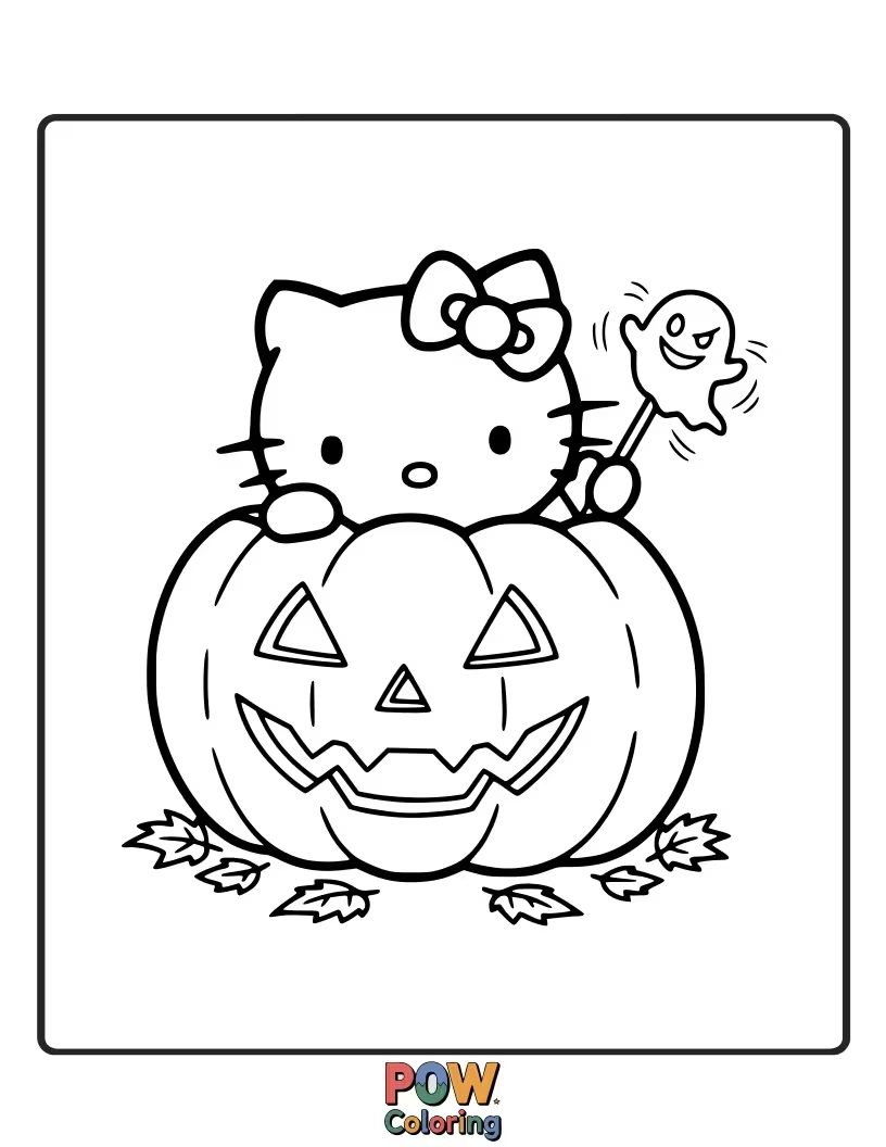 Free coloring page of Hello Kitty is hiding behind a jack-o'-lantern, trying to playfully "boo" at a passing bat.