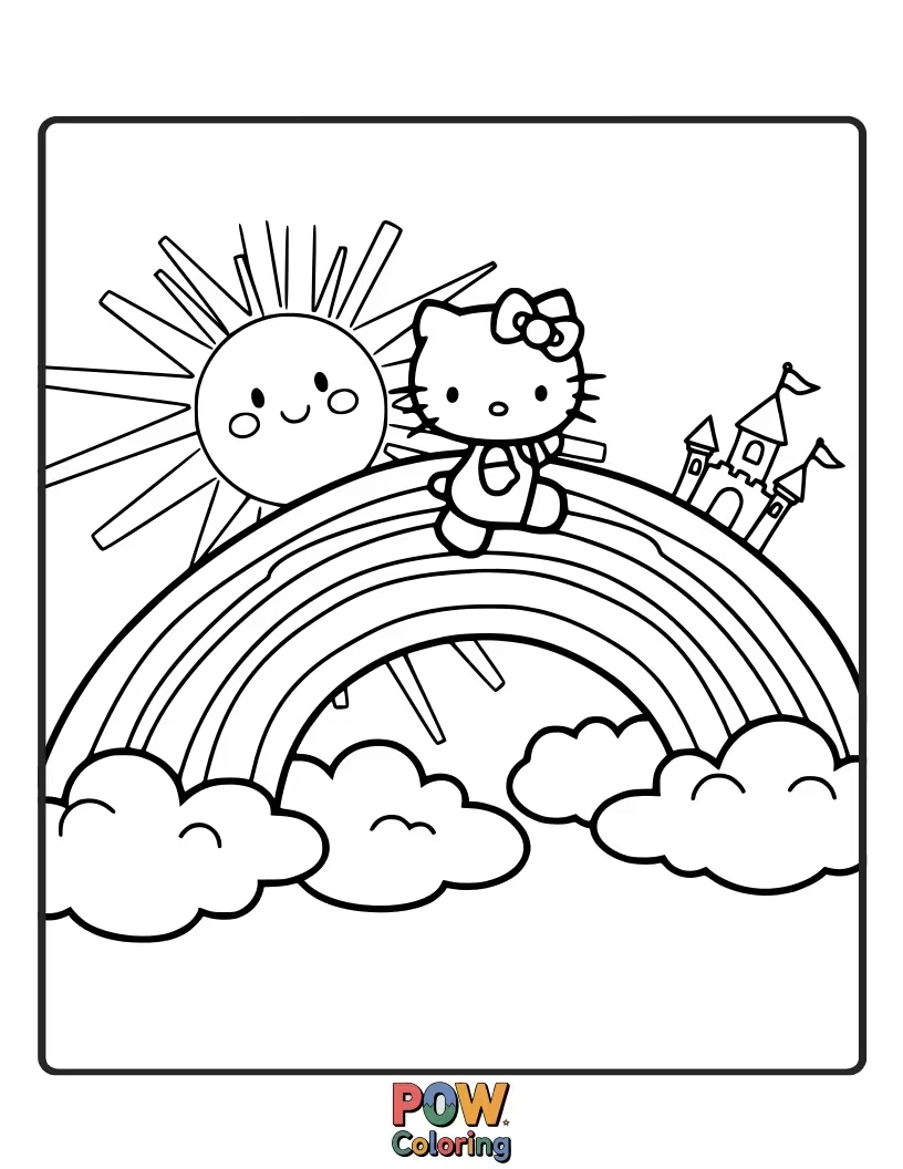 Free coloring page of Hello Kitty skips across a vibrant rainbow bridge, leading to a land of pure imagination and joy.