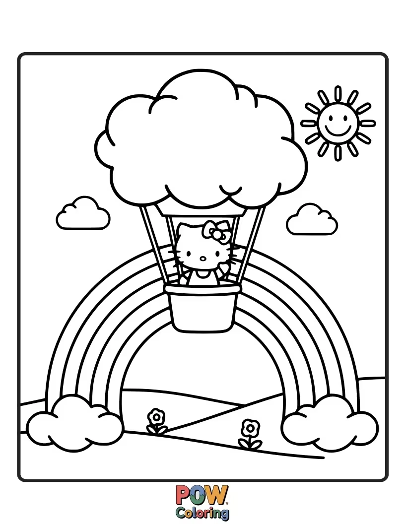 Free coloring page of Zooming down a vibrant rainbow slide, Hello Kitty's eyes sparkle with pure, unadulterated joy and excitement.