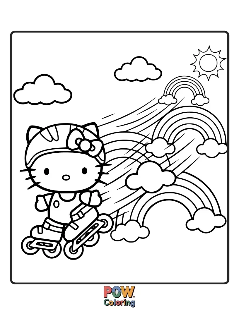 Free coloring page of Hello Kitty glides effortlessly on rainbow-colored rollerblades, leaving a trail of sparkle and smiles.