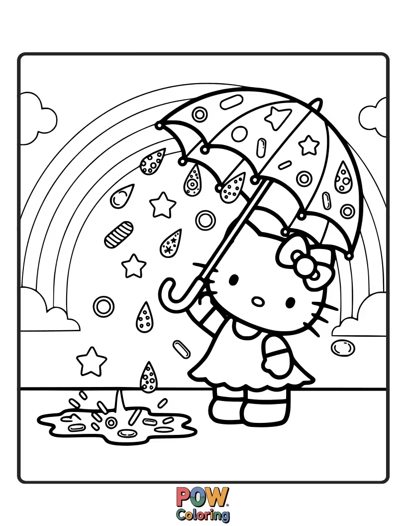 Free coloring page of Hello Kitty is delighted by a cascade of colorful rainbow sprinkles raining down, making everything magically festive.