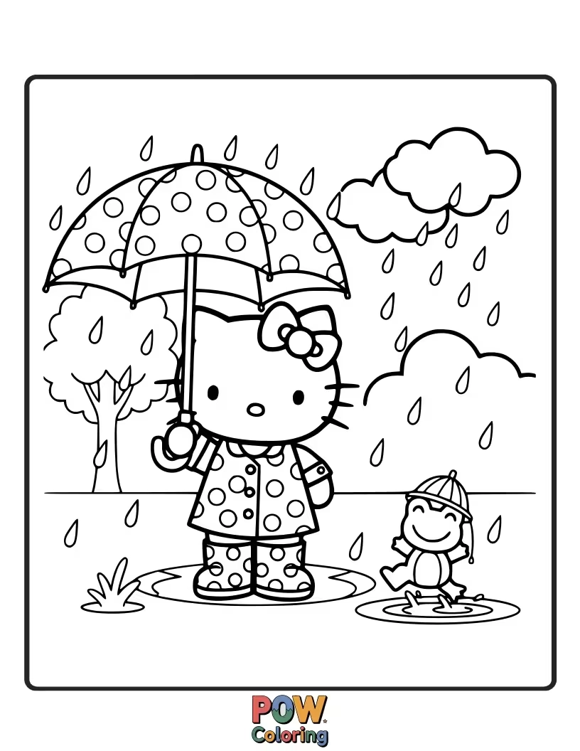Free coloring page of Hello Kitty dances gleefully in puddles, her bright yellow raincoat and boots making a splashy, joyful scene.