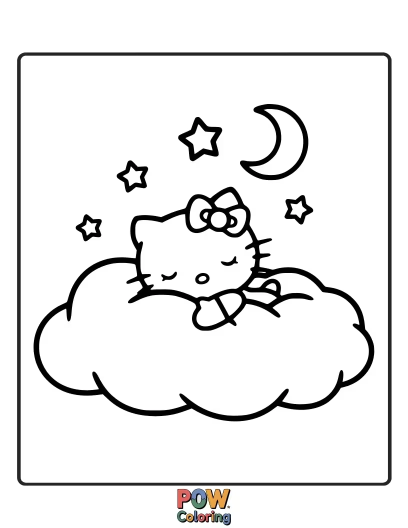 Free coloring page of Hello Kitty drifts peacefully on a giant, fluffy cloud, enjoying a moment of pure, serene relaxation.