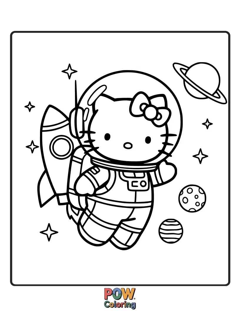 Free coloring page of Floating among the stars, Hello Kitty sports a cute astronaut helmet, ready to discover new cosmic wonders.