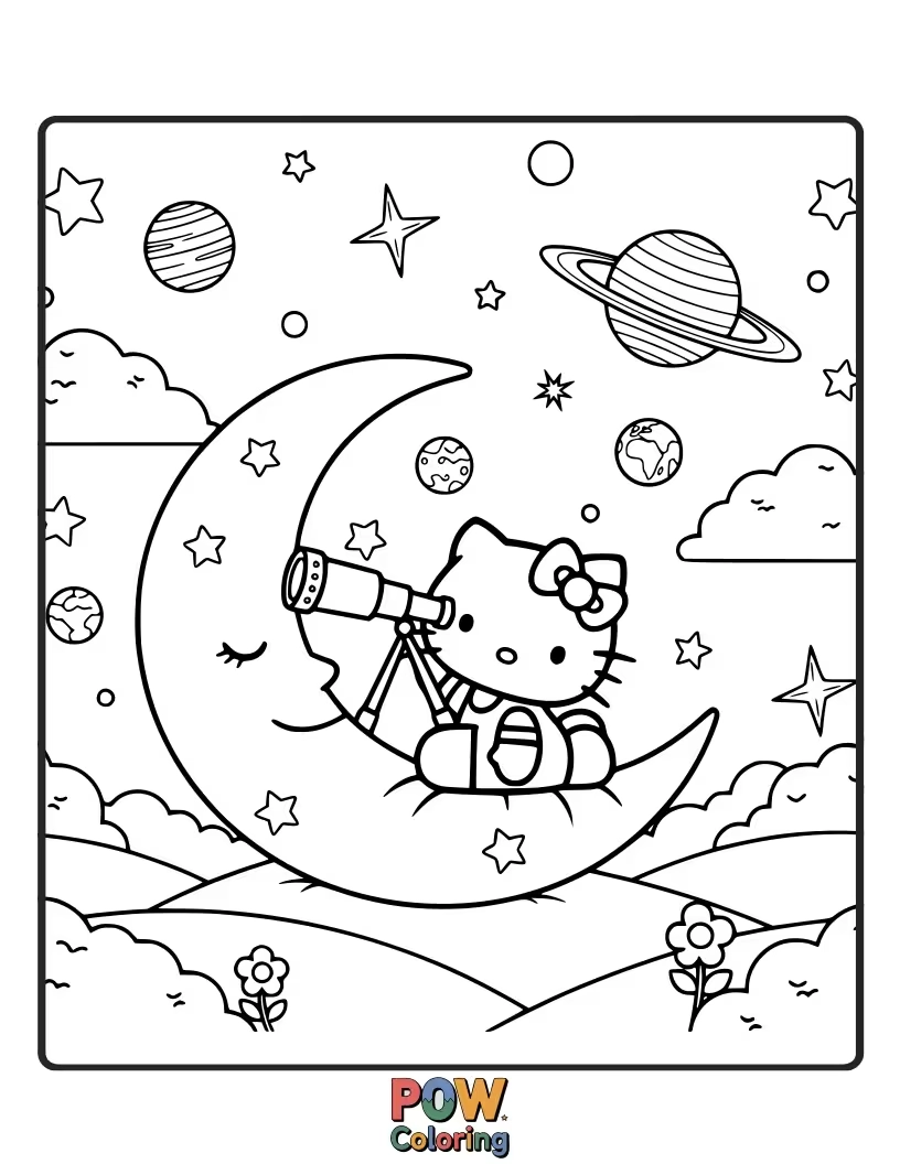 Free coloring page of Hello Kitty lies on her back, gazing up at a breathtaking night sky filled with countless twinkling stars.