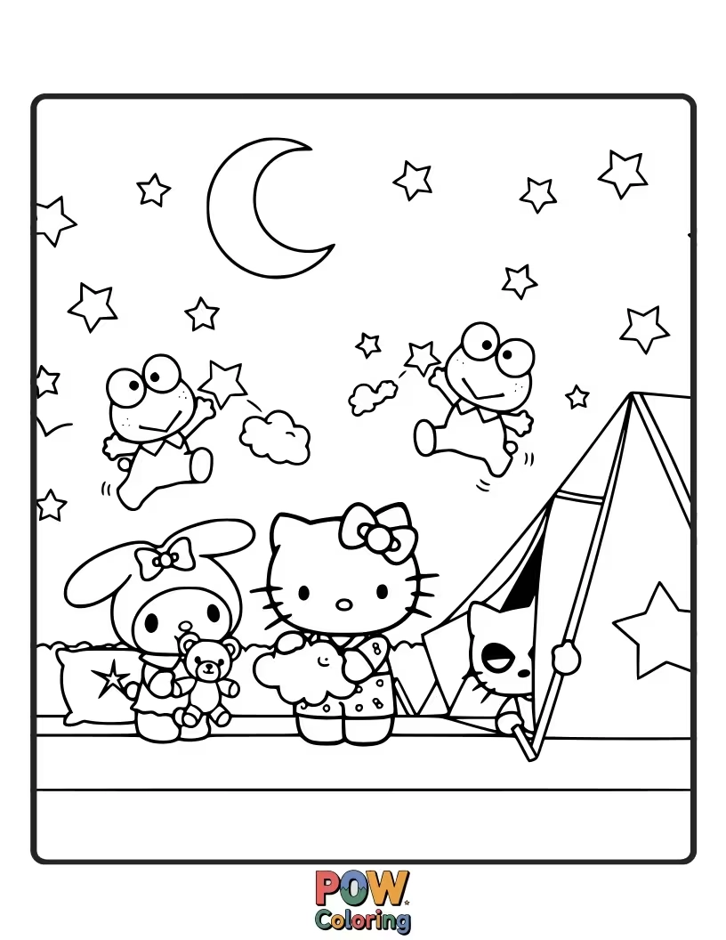 Free coloring page of Hello Kitty drifts off to sleep under a blanket of twinkling stars, dreaming of celestial adventures.
