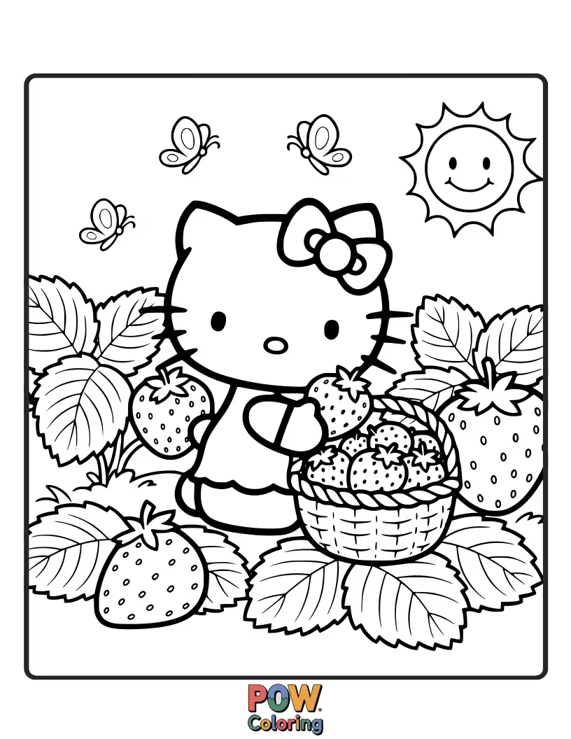Free coloring page of Hello Kitty gleefully plucks juicy, ripe strawberries from a lush patch, her basket overflowing with sweet rewards.