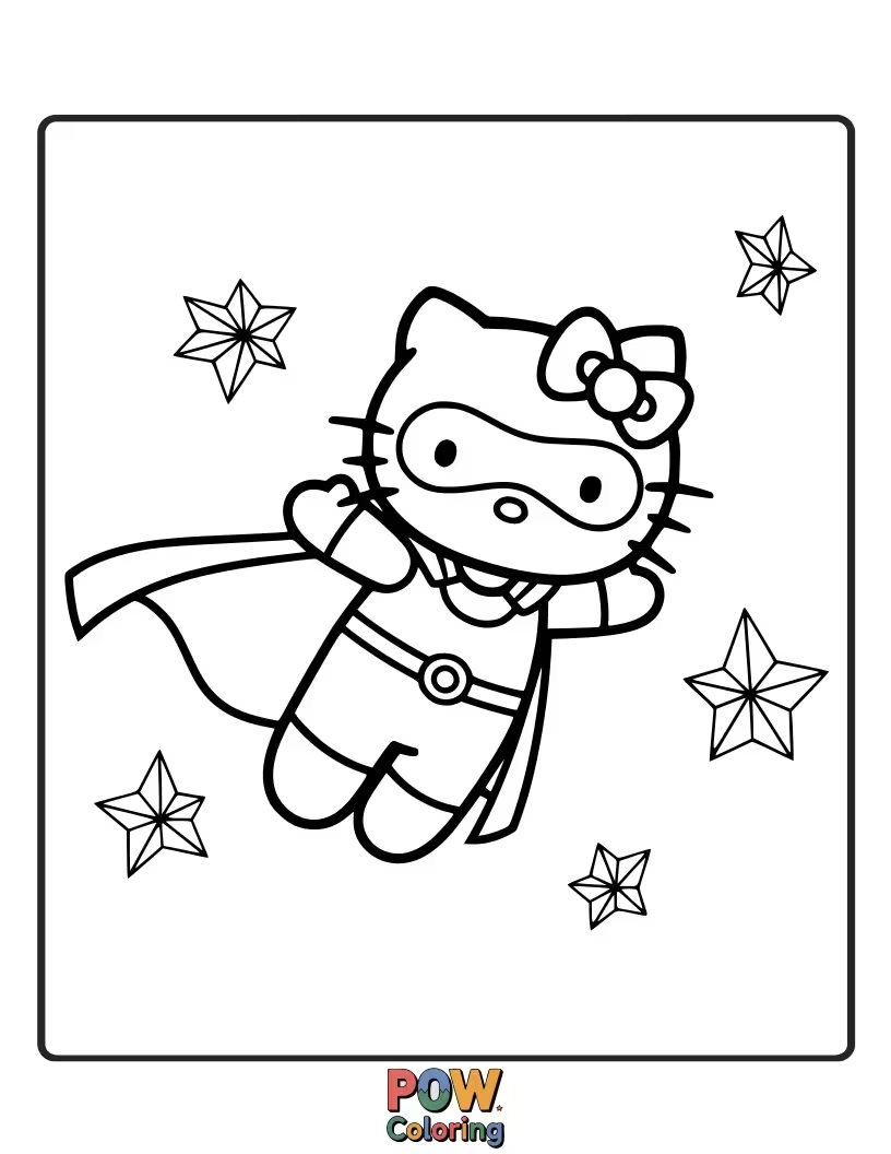 Free coloring page of Wearing a sparkly cape and mask, Hello Kitty is ready to save the day with her adorable bravery.