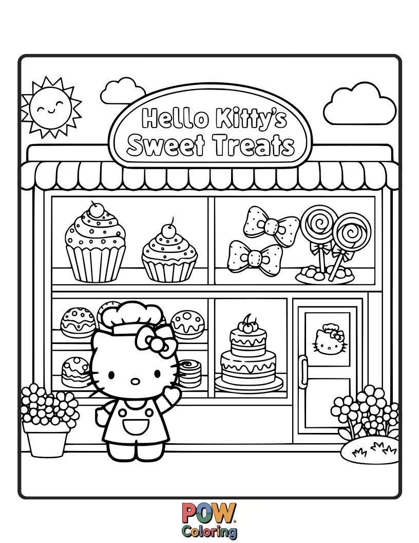 Free coloring page of Hello Kitty decorates a whimsical cake with swirls of frosting and colorful sprinkles, creating a delicious masterpiece.