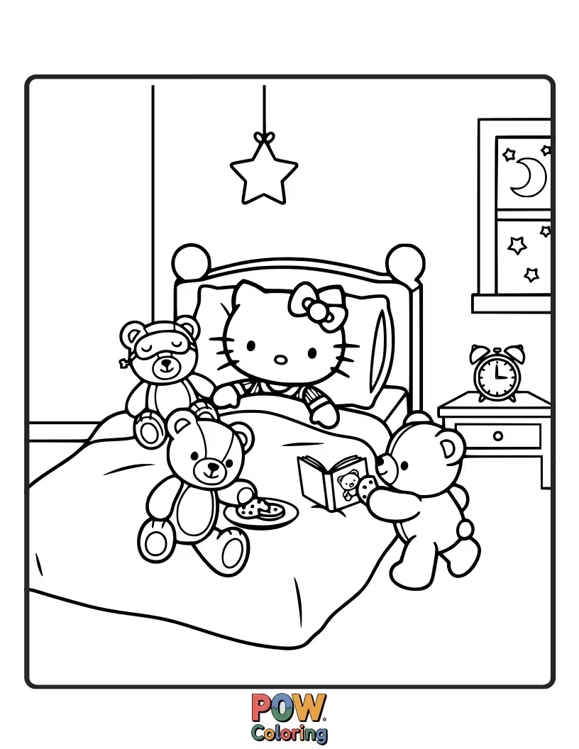 Free coloring page of Hello Kitty and her teddy bear pals have a slumber party filled with giggles, blankets, and sweet dreams.