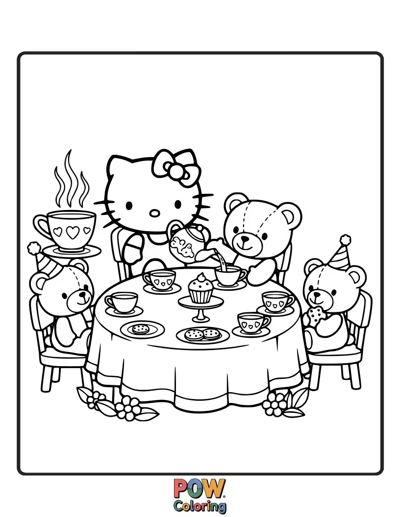 Free coloring page of Hello Kitty hosts a charming tea party for her beloved teddy bears, serving tiny cakes and fragrant tea.