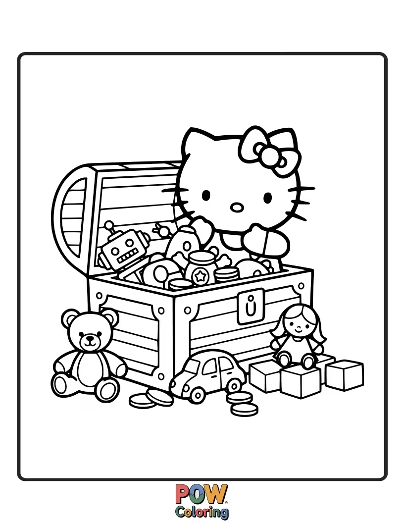 Free coloring page of Hello Kitty dives into a overflowing toy box, surrounded by her beloved stuffed animals and playful playthings.
