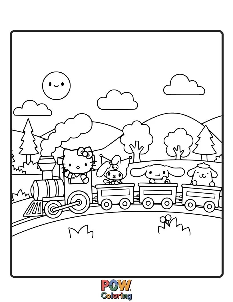 Free coloring page of Hello Kitty rides on a whimsical toy train, chugging happily through a colorful and imaginative landscape.