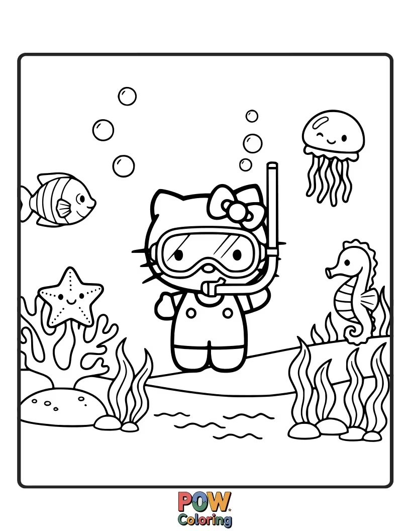 Free coloring page of Hello Kitty explores a dazzling coral reef, swimming with playful fish and curious sea creatures.