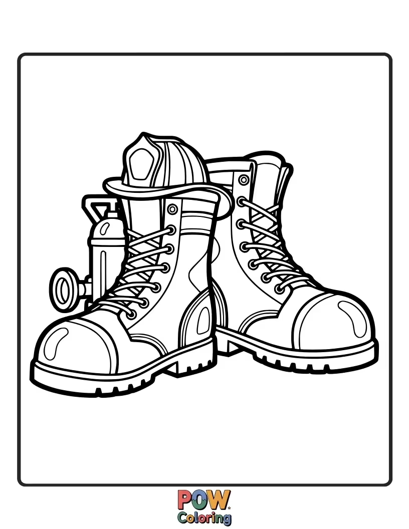 Free coloring page of A pair of big, strong firefighter boots, ready to stomp out fires and inspire brave little feet.
