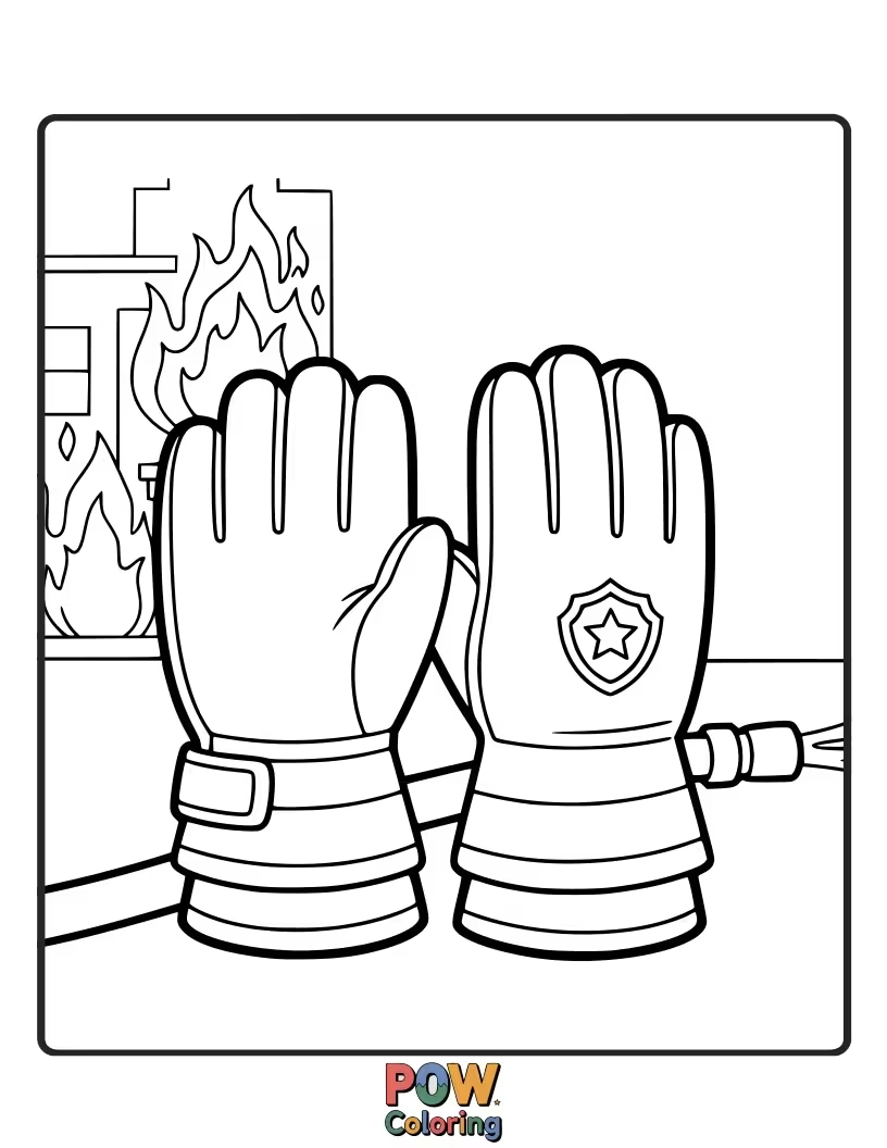 Free coloring page of A pair of protective firefighter gloves, emphasizing preparedness and teamwork.Simple shapes for young hands.