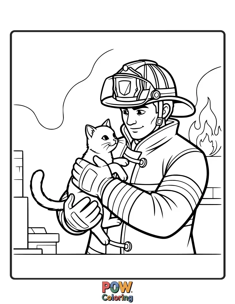 Free coloring page of A sweet scene of a firefighter gently rescuing a cat from a tree or a building.