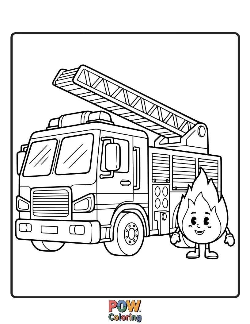 Free coloring page of A dynamic scene of a fire truck battling stylized flames, capturing the essence of firefighting.