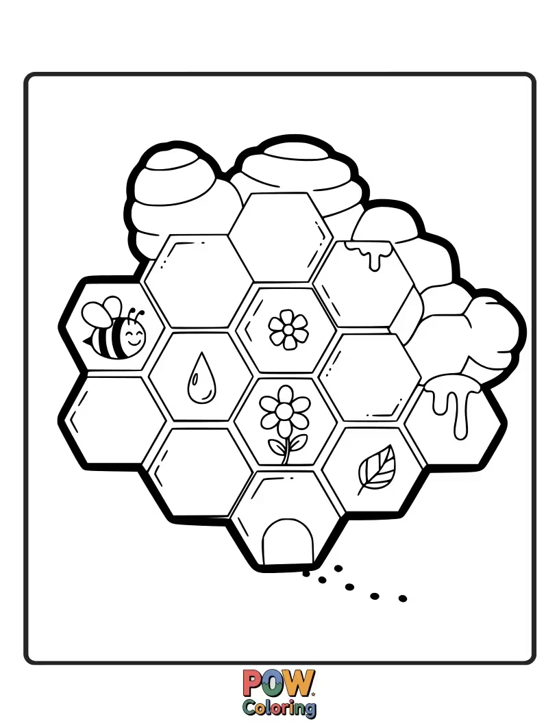 Free coloring page of Color a busy bee hive made of hexagons, understanding the unique tessellating properties of this six-sided shape.