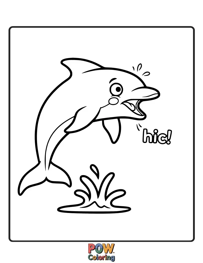 Free coloring page of A surprised dolphin mid-hiccup, with a bubbly trail behind it. A giggly coloring adventure!